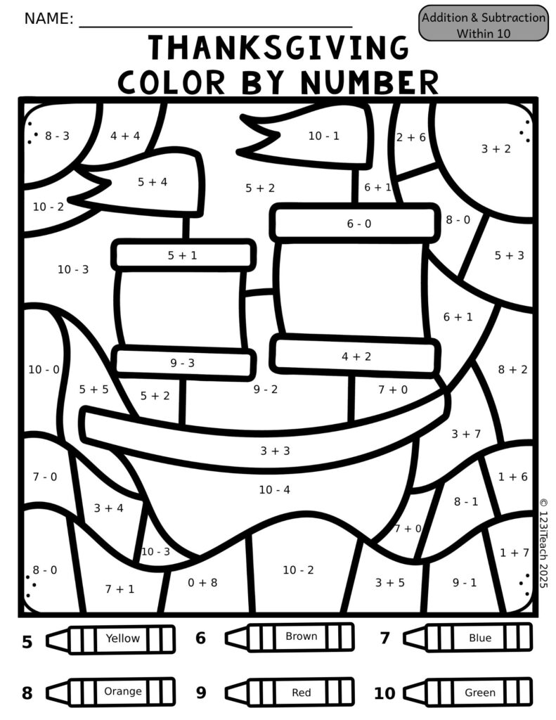 Thanksgiving Color by Number Add and Subtract