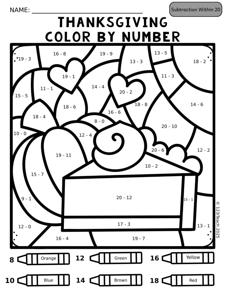 Thanksgiving Color by Number Subtract within 20