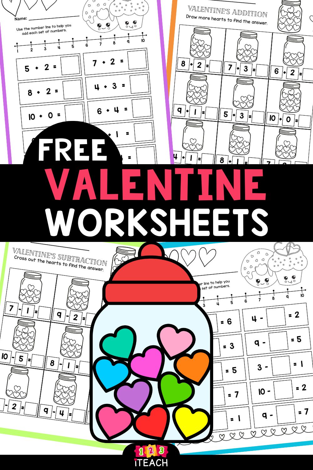 Free Valentine Addition and Subtraction Worksheets Up to 10